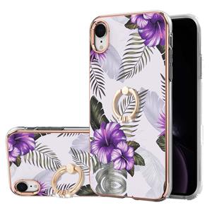 huismerk Electroplating Pattern IMD TPU Shockproof Case met Rhinestone Ringhouder voor iPhone XR (Purple Flower)