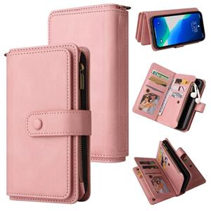 huismerk Skin Feel PU + TPU Horizontal Flip Leather Case with Holder & 15 Cards Slot & Wallet & Zipper Pocket & Lanyard For iPhone 13 Pro Max(Pink)