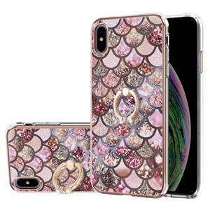 huismerk Electroplating Pattern IMD TPU Shockproof Case met Rhinestone Ring Holder voor iPhone XS MAX (roze schubben)