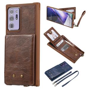 huismerk Vertical Flip Wallet Shockproof Back Cover Beschermhoes met Houder & Card Slots & Lanyard & Foto's Frames Voor Samsung Galaxy Note20 Ultra(Koffie)