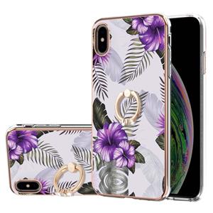 huismerk Electroplating Pattern IMD TPU Shockproof Case met Rhinestone Ringhouder voor iPhone XS MAX (Purple Flower)