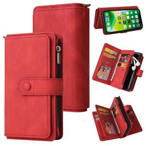 huismerk Huid Feel PU + TPU horizontale flip lederen tas met houder & 15 kaarten slot & portemonnee & rits pocket & lanyard voor iphone 13