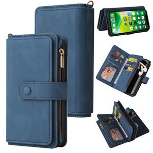 huismerk Skin Feel PU + TPU Horizontal Flip Leather Case with Holder & 15 Cards Slot & Wallet & Zipper Pocket & Lanyard For iPhone 13(Blue)