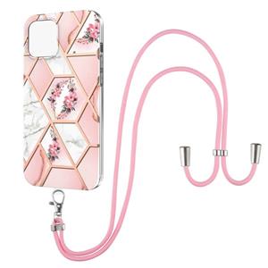 huismerk Electroplating Splicing Marmeren Bloempatroon TPU Shockproof Case met Lanyard voor iPhone 13 Mini (roze bloem)