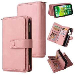 huismerk Skin Feel PU + TPU Horizontal Flip Leather Case with Holder & 15 Cards Slot & Wallet & Zipper Pocket & Lanyard For iPhone 13(Pink)