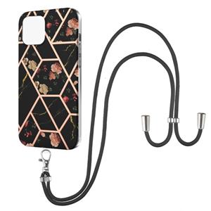 huismerk Electroplating Splicing Marble Flower Pattern TPU Shockproof Case met Lanyard voor iPhone 13 Mini (zwarte bloem)