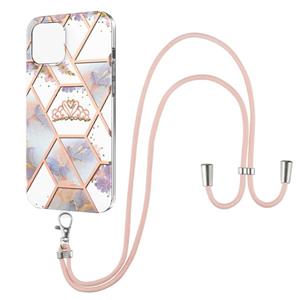 huismerk Electroplating Splicing Marmeren Bloempatroon TPU Shockproof Case met Lanyard voor iPhone 13 Mini (Imperial Crown)