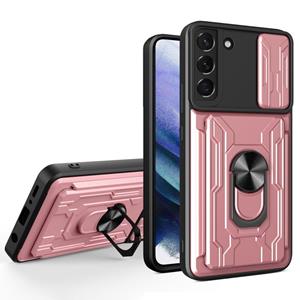 huismerk Voor Samsung Galaxy S22 + 5G Sliding Camshield Card Phone Case (Rose Gold)