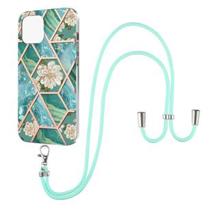 huismerk Electroplating Splicing Marble Flower Pattern TPU Shockproof Case met Lanyard voor iPhone 13 Mini (blauwe bloem)