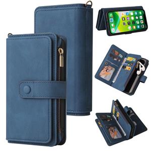 huismerk Skin Feel PU + TPU Horizontal Flip Leather Case with Holder & 15 Cards Slot & Wallet & Zipper Pocket & Lanyard For iPhone 13 mini(Blue)