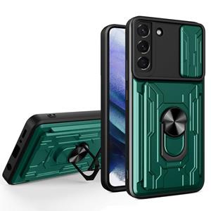 huismerk Voor Samsung Galaxy S22 + 5G Sliding Camshield Card Phone Case (Dark Green)