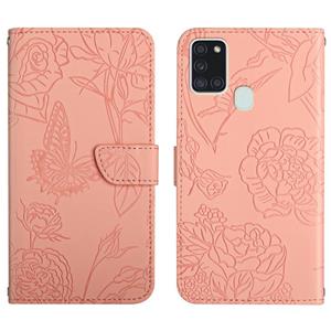 huismerk Voor Samsung Galaxy A21S Skin Feel Butterfly Peony reliëf lederen telefooncase