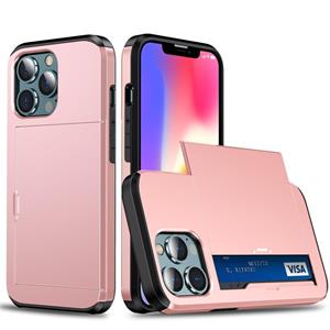 huismerk Schokbestendige Armor Beschermhoes met schuifkaartsleuf voor iPhone 13 Mini (Rose Gold)