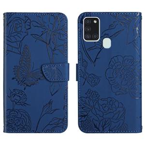 huismerk Voor Samsung Galaxy A21S Skin Feel Butterfly Peony reliëf lederen telefooncase