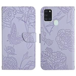 huismerk Voor Samsung Galaxy A21S Skin Feel Butterfly Peony reliëf lederen telefooncase