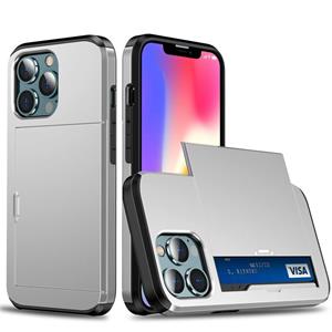 huismerk Shockproof Armor Protective Case with Slide Card Slot For iPhone 13(Silver)