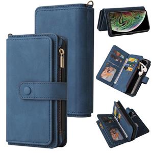 huismerk Skin Feel PU + TPU Horizontal Flip Leather Case with Holder & 15 Cards Slot & Wallet & Zipper Pocket & Lanyard For iPhone XS Max(Blue)