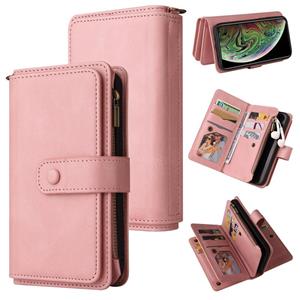 huismerk Skin Feel PU + TPU Horizontal Flip Leather Case with Holder & 15 Cards Slot & Wallet & Zipper Pocket & Lanyard For iPhone XS Max(Pink)