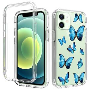 huismerk 2 in 1 hoge transparante geschilderde schokbestendige pc + TPU beschermend hoesje voor iPhone 12 mini (blauwe vlinder)