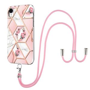 huismerk Electroplating Splicing Marmeren Bloempatroon TPU Schokbestendig Case met Lanyard voor iPhone XR (roze bloem)