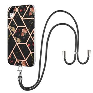 huismerk Electroplating Splicing Marble Flower Pattern TPU Shockproof Case met Lanyard voor iPhone XR (zwarte bloem)