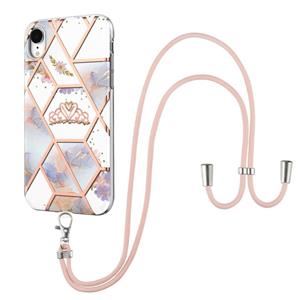 huismerk Electroplating Splicing Marmeren bloempatroon TPU Schokbestendig geval met Lanyard voor iPhone XR (keizerlijke kroon)