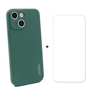 Hat-Prince Enkay Vloeistof Siliconen Schokbestendige Beschermhoes Drop Protection Cover + 9H gehard Glas Screen Protector voor iPhone 13 (Dark Green)