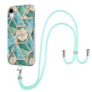 huismerk Electroplating Splicing Marmeren Bloempatroon TPU Shockproof Case met Lanyard voor iPhone XR (blauwe bloem)