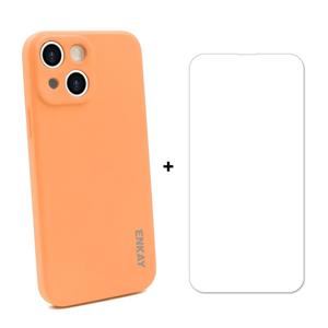 Hat-Prince Enkay Vloeistof Siliconen Schokbestendig Beschermhoes Drop Protection Cover + 9H gehard Glas Screen Protector voor iPhone 13 (Oranje)