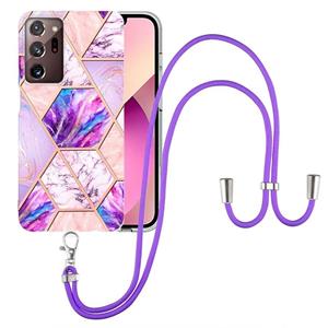 huismerk For Samsung Galaxy Note20 Ultra Electroplating Splicing Marble TPU Phone Case with Lanyard(Light Purple)