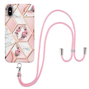 huismerk Electroplating Splicing Marble Flower Pattern TPU Shockproof Case met Lanyard voor iPhone XS max (roze bloem)