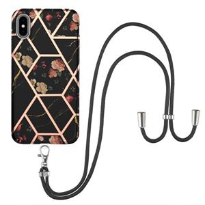 huismerk Electroplating Splicing Marble Flower Pattern TPU Shockproof Case met Lanyard voor iPhone XS MAX (zwarte bloem)