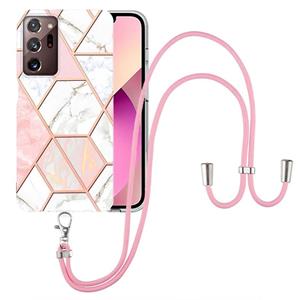 huismerk For Samsung Galaxy Note20 Ultra Electroplating Splicing Marble TPU Phone Case with Lanyard(Pink White)