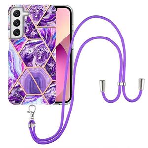 huismerk For Samsung Galaxy S22 5G Electroplating Splicing Marble TPU Phone Case with Lanyard(Dark Purple)