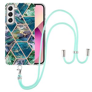 huismerk For Samsung Galaxy S22 5G Electroplating Splicing Marble TPU Phone Case with Lanyard(Blue Green)