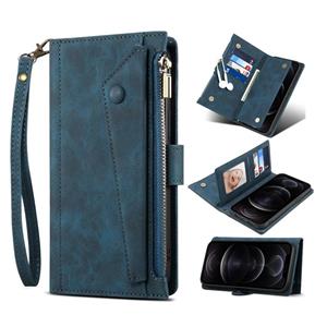 huismerk Voor Samsung Galaxy S22 5G Retro Frosted Horizontale Flip Lederen Telefoonhoesje Met Houder & Card Slot & Portemonnee & Rits Pocket & Lanyard (Blauw)