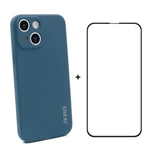 Hat-Prince Enkay Vloeistof Siliconen Schokbestendig Beschermhoes Drop Protection Cover + Full Coverage Gehard Glas Protector Film voor iPhone 13 Mini