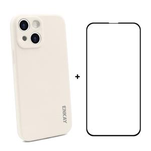 Hat-Prince Enkay Vloeistof Siliconen Schokbestendig Beschermhoes Drop Protection Cover + Full Coverage Gehard Glas Protector Film voor iPhone 13 (Beig