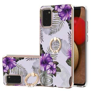 huismerk Voor Samsung Galaxy A02S 164mm Electroplating Pattern IMD TPU Shockproof Case met Rhinestone Ringhouder (Purple Flower)