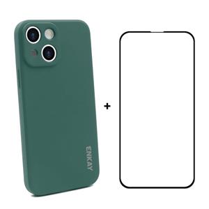 Hat-Prince Enkay Vloeistof Siliconen Schokbestendig Beschermhoes Drop Protection Cover + Full Coverage Gehard Glas Protector Film voor iPhone 13 (Dark