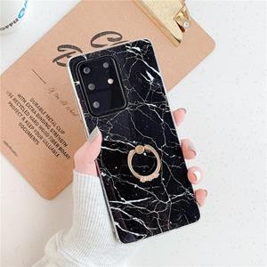 huismerk Voor Galaxy S20 Plus TPU Smooth Marble met Ring Metal Rhinestone Bracket Mobiele Telefoon Beschermhoes (Zwarte Q30)