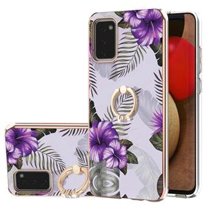 huismerk Voor Samsung Galaxy A02S 166mm Electroplating Pattern IMD TPU Shockproof Case met Rhinestone Ringhouder (Purple Flower)