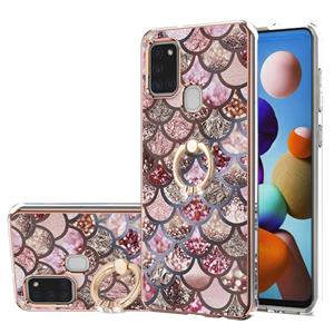 huismerk Voor Samsung Galaxy A21S Electroplating Pattern IMD TPU Shockproof Case met Rhinestone Ring Holder (roze schubben)