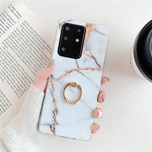 huismerk Voor Galaxy S20 Ultra TPU Smooth Marble met Ring Metal Rijnsteen Bracket Mobile Phone Protective Case (Gold Q23)