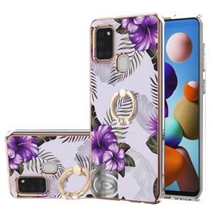 huismerk Voor Samsung Galaxy A21S Electroplating Pattern IMD TPU Shockproof Case met Rhinestone Ringhouder (Purple Flower)