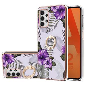 huismerk Voor Samsung Galaxy A32 5G Electroplating Pattern IMD TPU Shockproof Case met Rhinestone Ring Holder (Purple Flower)