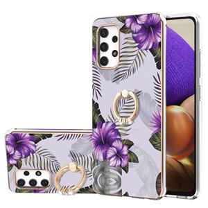 huismerk Voor Samsung Galaxy A32 4G EU-versie Electroplating Pattern IMD TPU Shockproof Case met Rhinestone Ringhouder (Purple Flower)