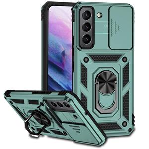 huismerk Voor Samsung Galaxy S22 5G Sliding Camshield Holder Telefoonhoes (Dark Green)