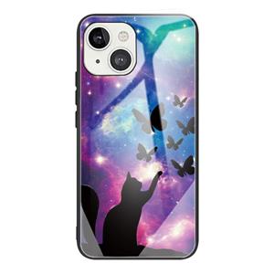 huismerk Gehard Glass + TPU Grens Beschermhoes voor iPhone 13 (Cat and Butterfly)