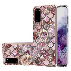 huismerk Voor Samsung Galaxy S20 Galvaniseren Patroon IMD TPU Shockproof Case met Rhinestone Ring Holder (roze schubben)